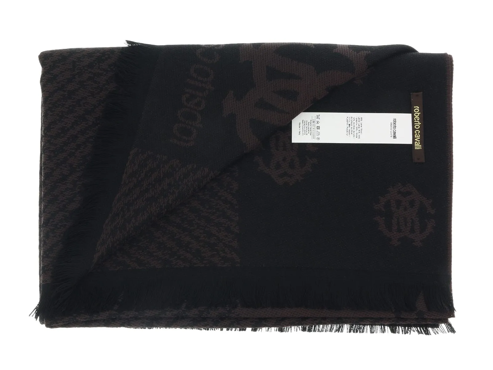 Roberto Cavalli ESZ032 03503 Brown Wool Blend Logo Mens Scarf