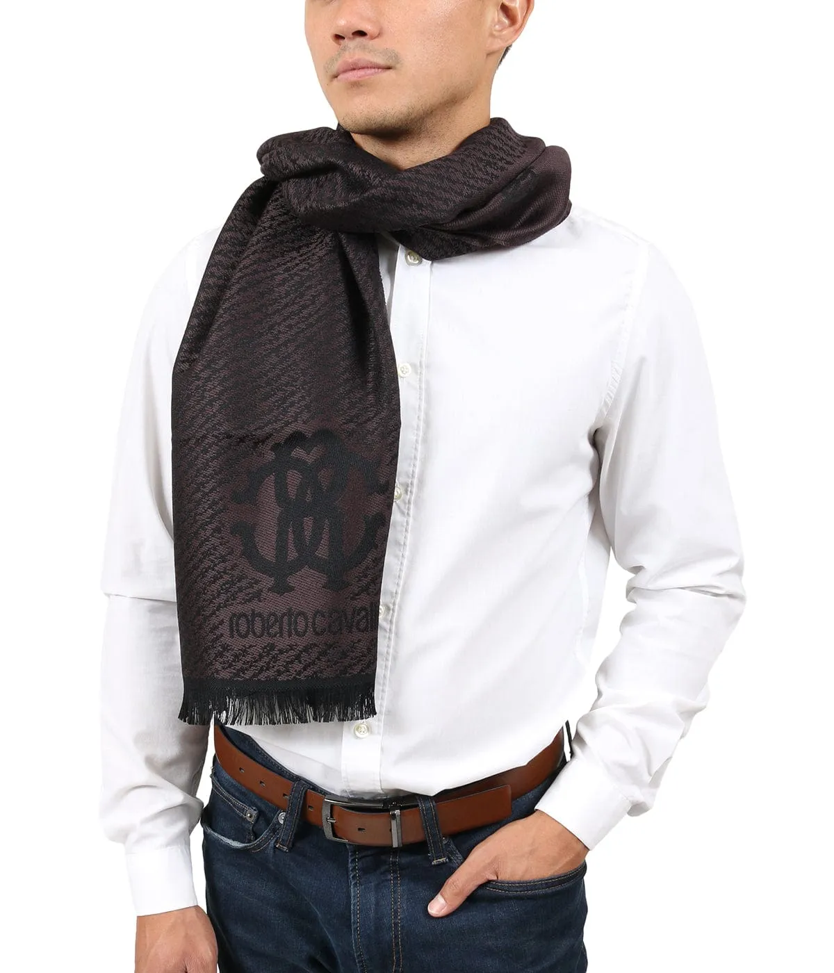 Roberto Cavalli ESZ032 03503 Brown Wool Blend Logo Mens Scarf