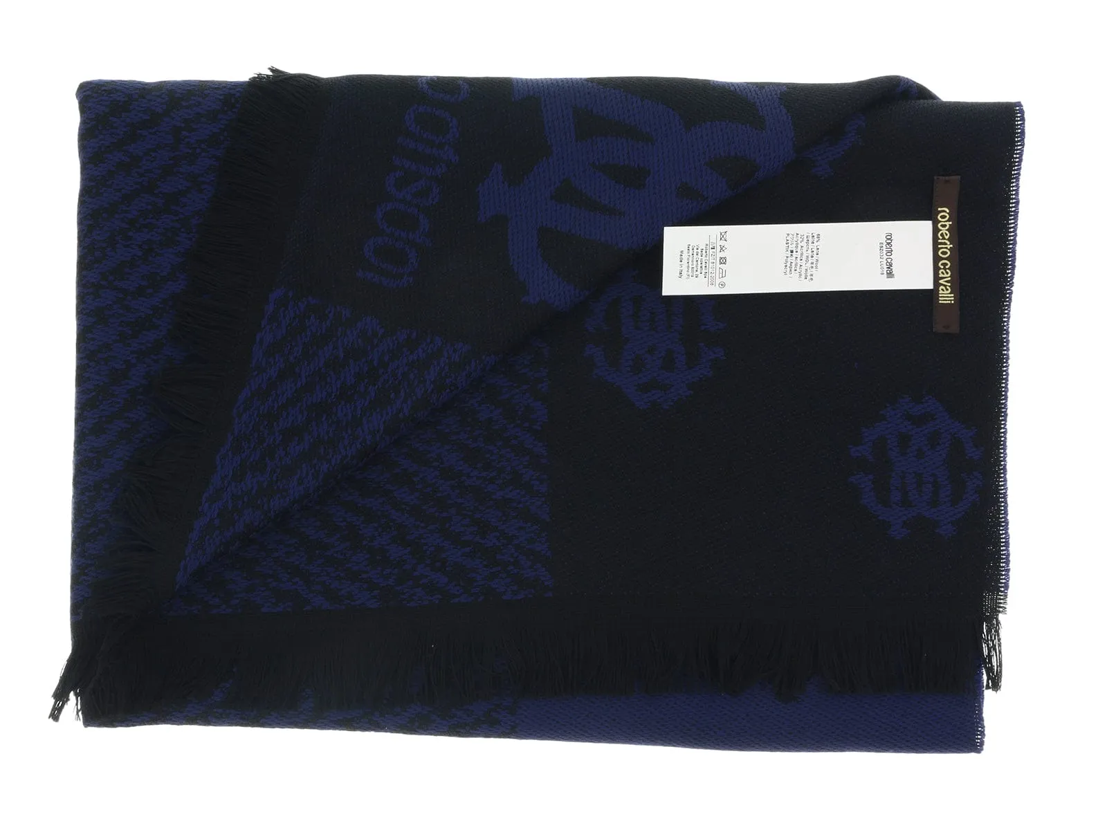 Roberto Cavalli ESZ032 D0420 Black/Blue Wool Blend Logo Mens Scarf