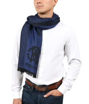 Roberto Cavalli ESZ032 D0420 Black/Blue Wool Blend Logo Mens Scarf