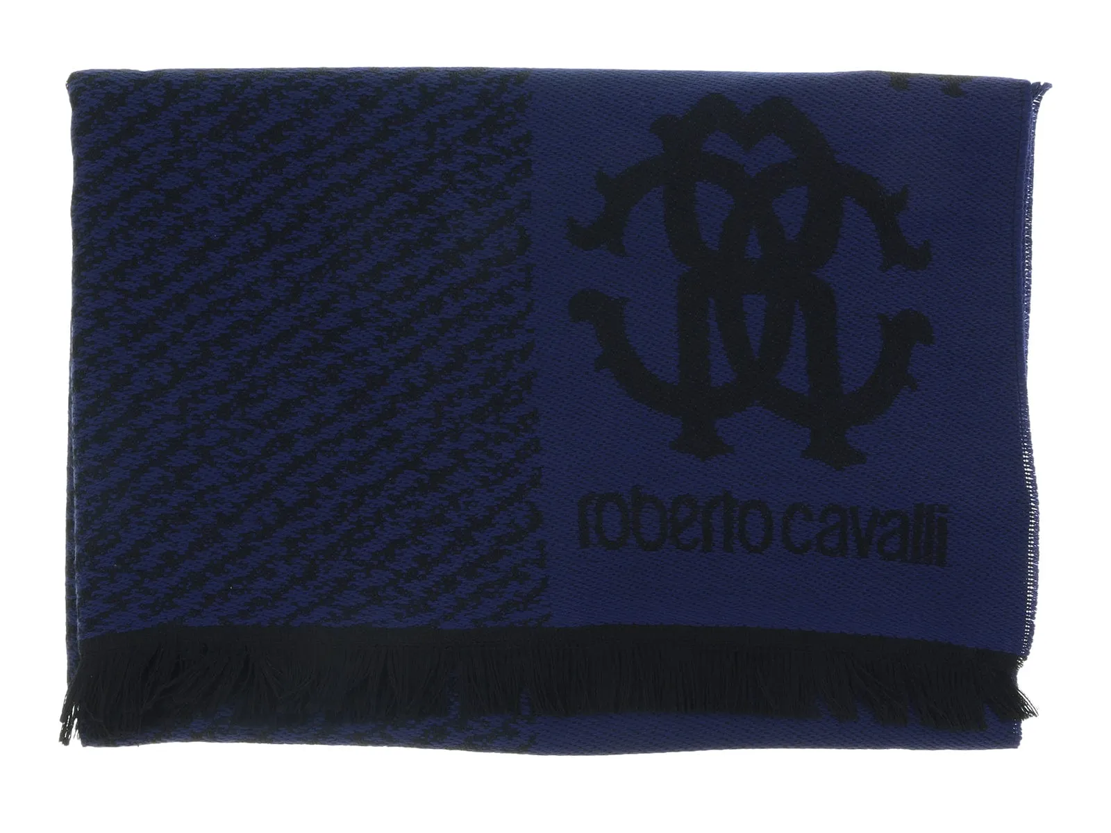 Roberto Cavalli ESZ032 D0420 Black/Blue Wool Blend Logo Mens Scarf