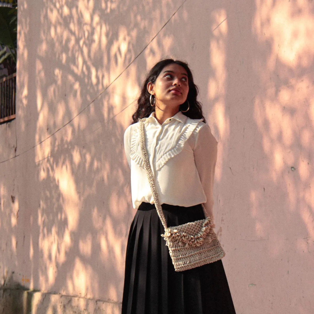 Shell Mini Sling Bag for Women in Jute | Hand-Crochet | Off-White