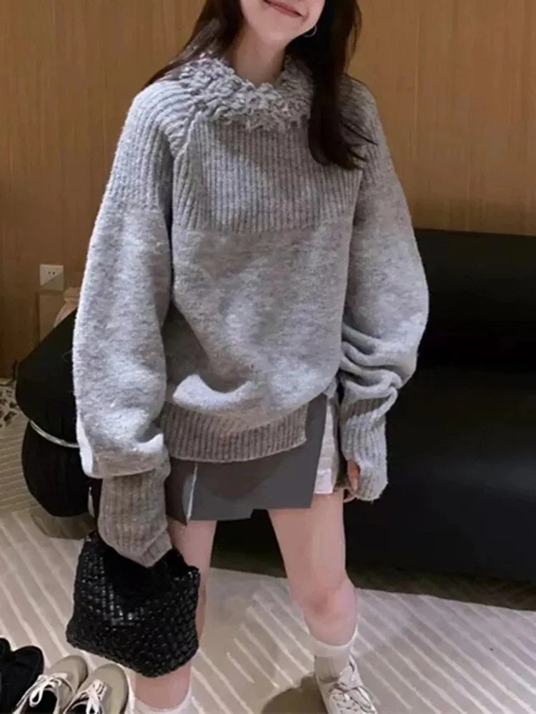 Solid Casual Knitting Sweaters For Women Round Neck Patchwork Tassel Long Sleeve Pullover Sweater Female Fashion