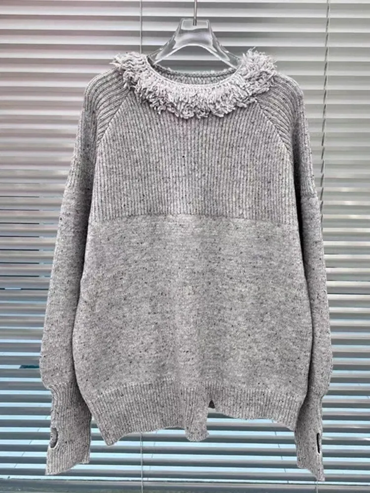 Solid Casual Knitting Sweaters For Women Round Neck Patchwork Tassel Long Sleeve Pullover Sweater Female Fashion
