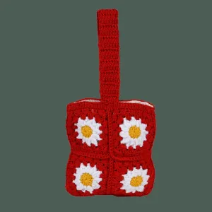 Square Wristlet  Bag | Hand-Crochet | Cotton Yarn | Crimson Red