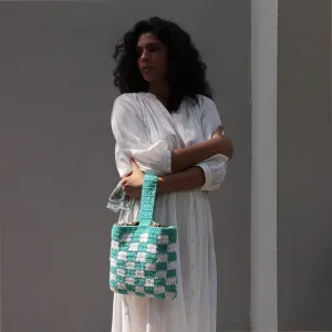 Square Wristlet Hand Bag | Hand-Crochet | Cotton Yarn | Off-White & Turquoise