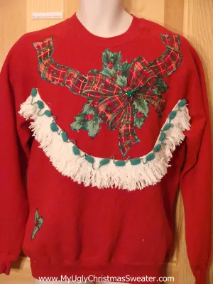Tacky Christmas Sweatshirt Plaid Ribbon and Bow