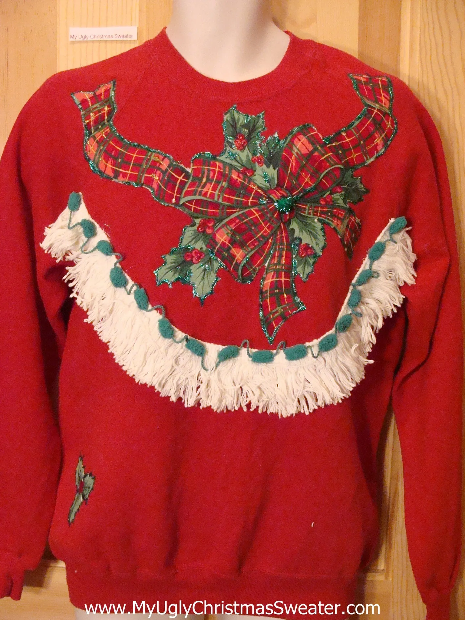 Tacky Christmas Sweatshirt Plaid Ribbon and Bow