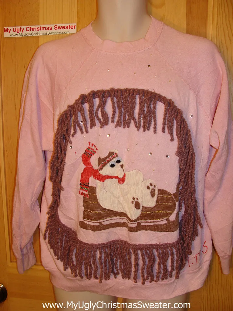 Ugly Christmas Tacky Sweatshirt Google Eyed Crafty Polar Bear with Fringe (q18)