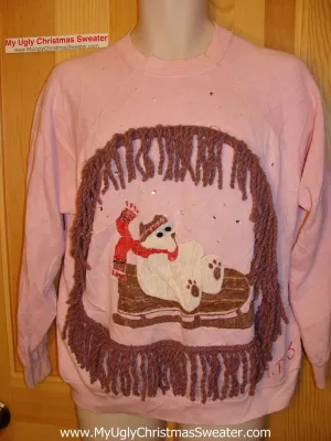 Ugly Christmas Tacky Sweatshirt Google Eyed Crafty Polar Bear with Fringe (q18)