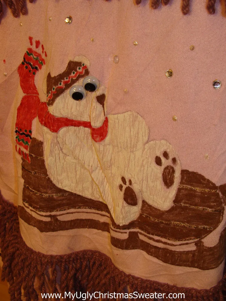 Ugly Christmas Tacky Sweatshirt Google Eyed Crafty Polar Bear with Fringe (q18)