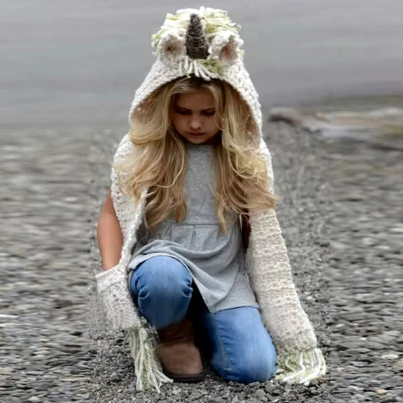Unicorn Hooded Scarf and Beanie Hat for Kids - Crochet Knitted Fashion Accessory for Girls Ages 2-12