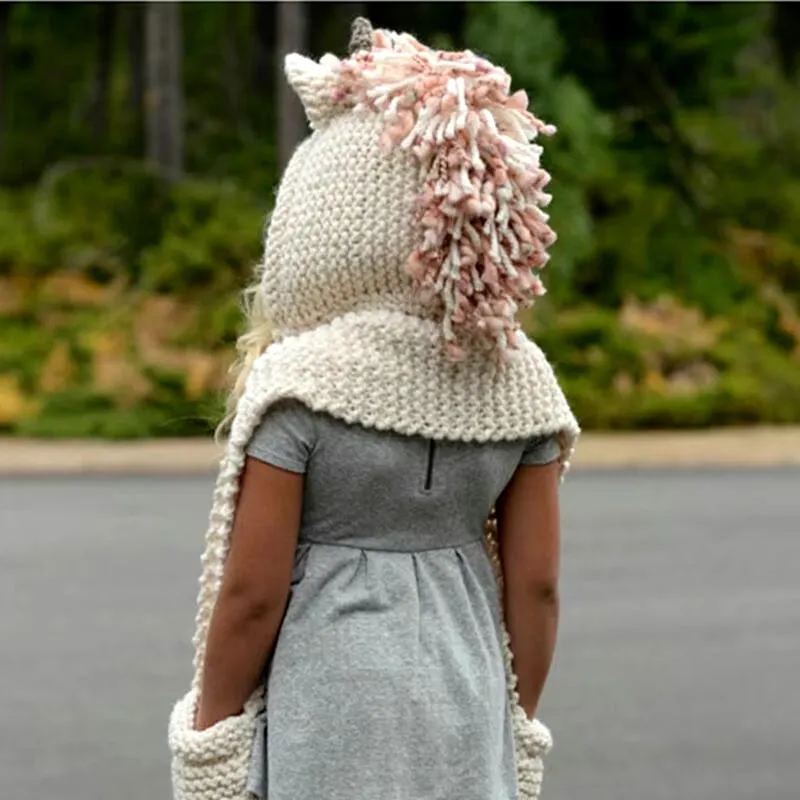 Unicorn Hooded Scarf and Beanie Hat for Kids - Crochet Knitted Fashion Accessory for Girls Ages 2-12