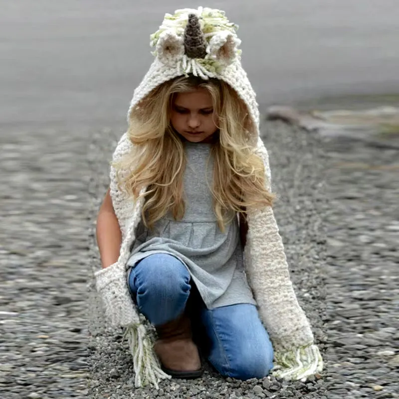 Unicorn Hooded Scarf and Beanie Hat for Kids - Crochet Knitted Fashion Accessory for Girls Ages 2-12
