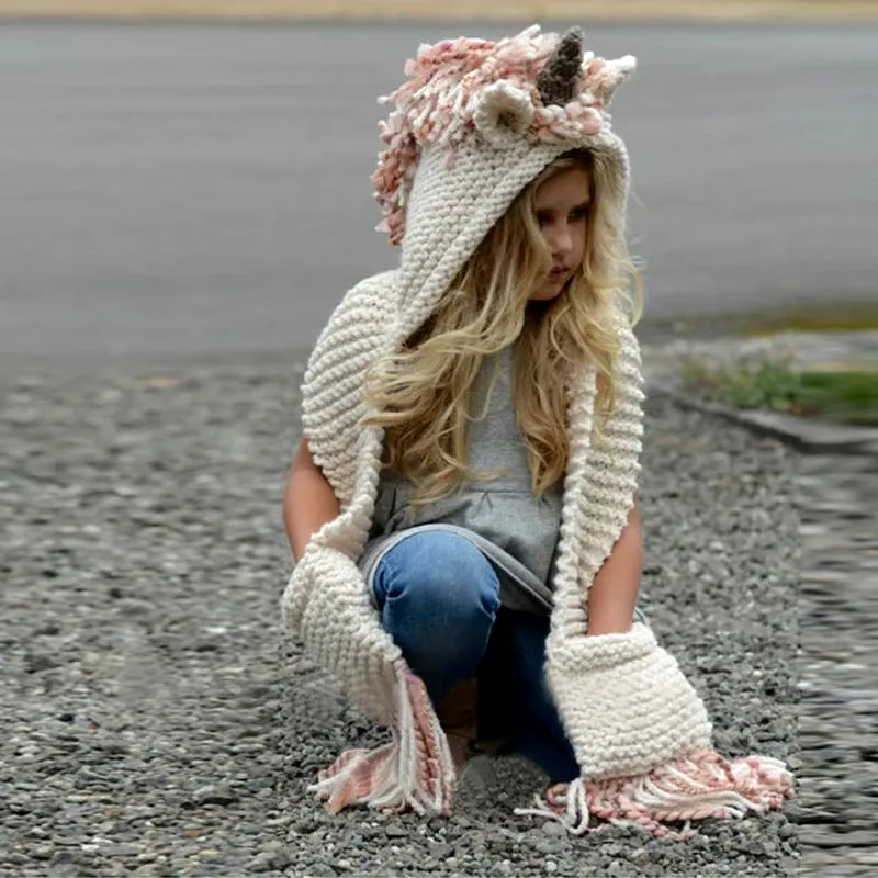 Unicorn Hooded Scarf and Beanie Hat for Kids - Crochet Knitted Fashion Accessory for Girls Ages 2-12