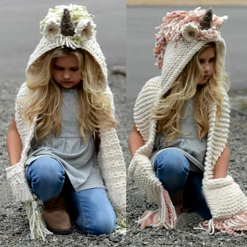 Unicorn Hooded Scarf and Beanie Hat for Kids - Crochet Knitted Fashion Accessory for Girls Ages 2-12