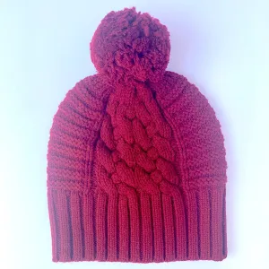 UP for ANYTHING 100% Pure Merino Wool Jumbo Cable & Fancy Rib Beanie with detachable Merino Wool Pom Pom, Classic Car Red