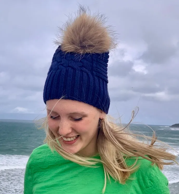 UP for ANYTHING 100% Pure Merino Wool Jumbo Cable & Fancy Rib Beanie with detachable Raccoon Fur Pom Pom, So Racy