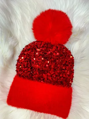Weekend Coffee Run Sequin Furry Pom Pom Beanie - Red
