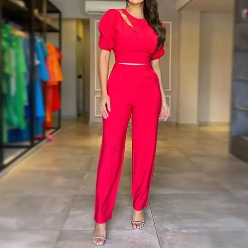 Wefads Women Two Piece Set Summer Short Puff Sleeve Round Neck Cutout Nipped Waist Top Loose With Pockets Pants Sets Streetwear