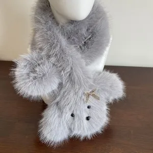White Puppy-shaped Bow Detail Shaggy Scarf